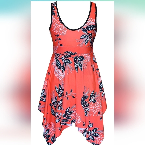 DANIFY  Red & Black Floral‎ Tummy Control Handkerchief Hem Swimdress Swimsuit 14 - Picture 3 of 11